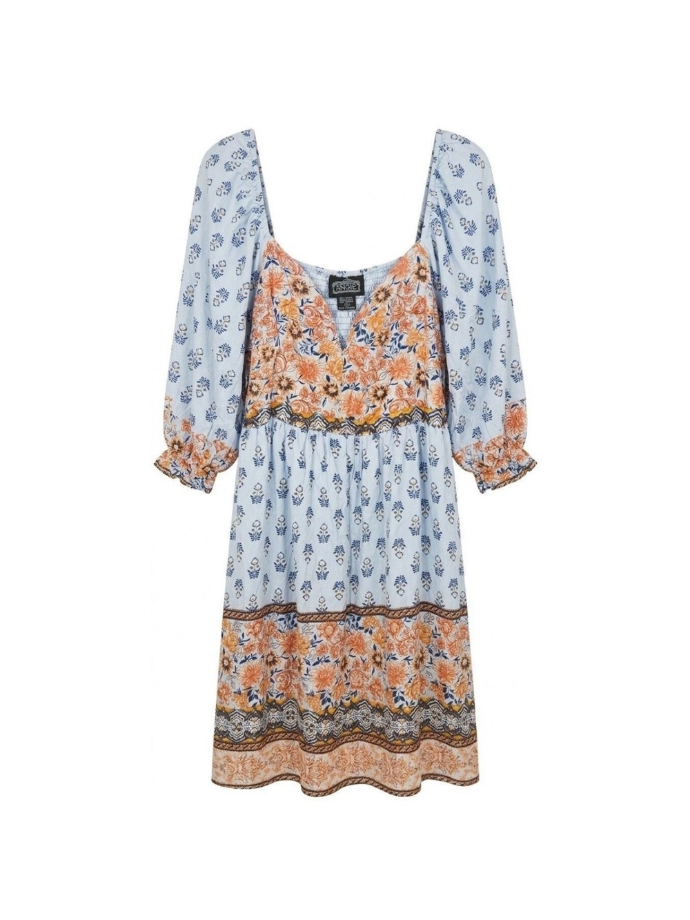 Angie Light Blue and Orange Floral Puff-Sleeve Mini Dress